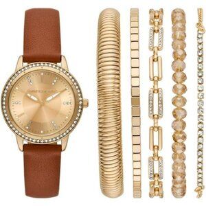 Skechers Womens Gold Watch Bracelet Gift Set Analog Quartz Water Resistant